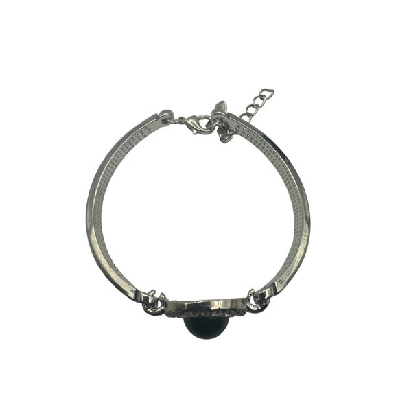 Silver Tone Bangle Bracelet With Blue Stone & Rhinestone Accents Lobster Clasp - Picture 5 of 6